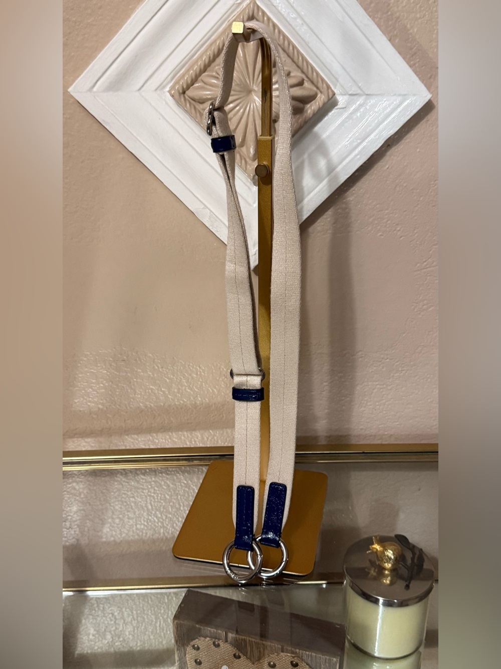 Coach Cream Canvas Strap with Navy Patent Accents